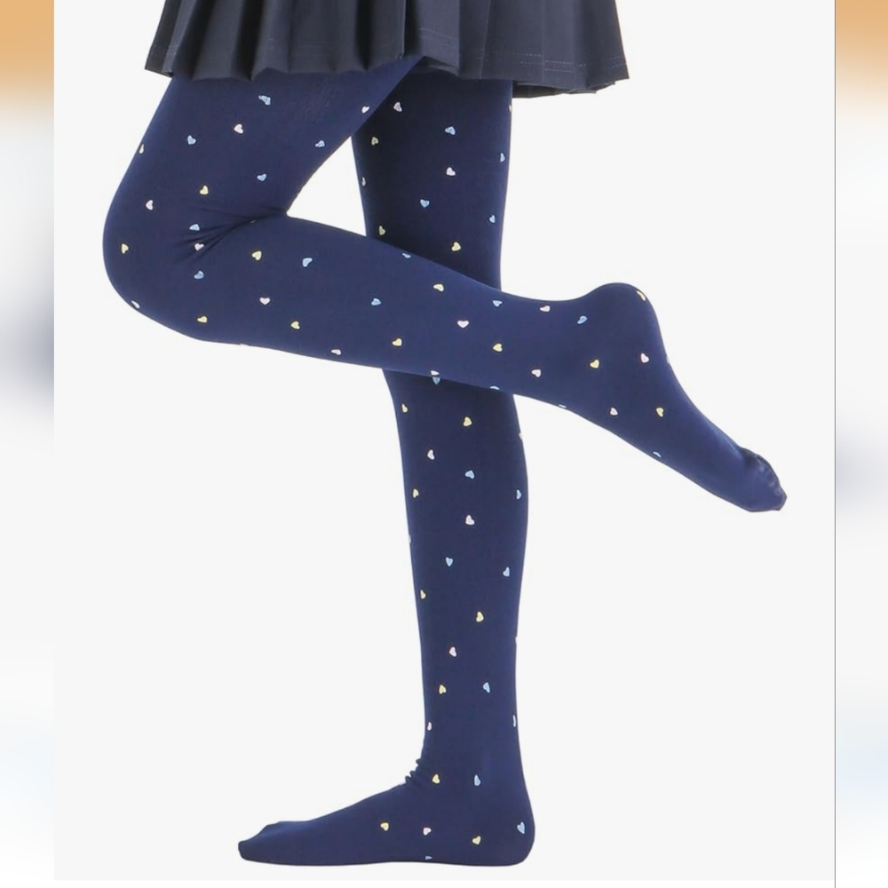 Navy Heart Patterned Kids Fleece Tights
